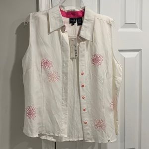 Ladies Linen short sleeve top, pink/white, Large